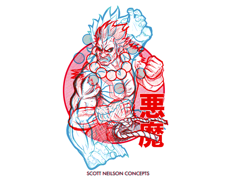 AKUMA ONI ANAGLYPH 3d akuma anaglyph fanart gaming halftone oni overlay screen print street fighter