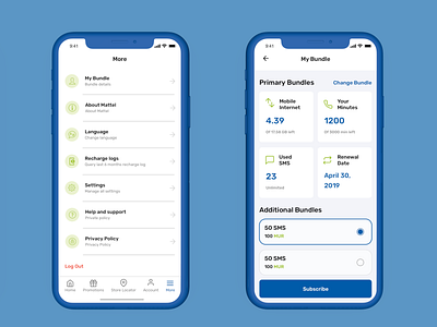 My Mattel: Managing Bundles communication menu more side menu telecom ui ux