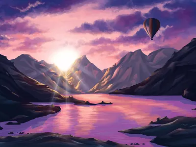Setting The Scene artwork balloon design digital art digital painting drawing hills illustration lake mountain painting purple scenery sky visual development