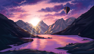 Setting The Scene artwork balloon design digital art digital painting drawing hills illustration lake mountain painting purple scenery sky visual development