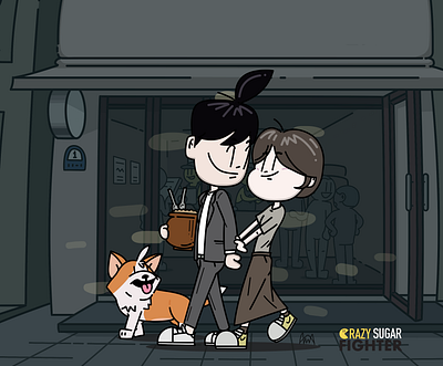 walk with you cafe character couple dessert dog food illustration