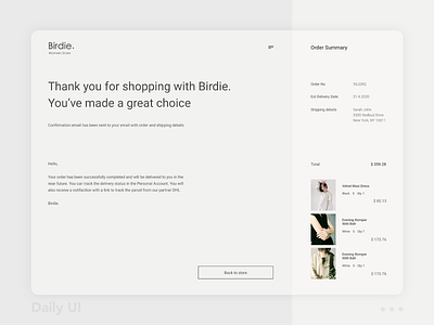 Birdie - Order Confirmation checkout clean dailyui dailyuichallenge design fashion order confirmation shop sketchapp store ui ux webdesign webdesigner website design website products