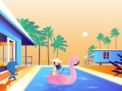 Reload Ninja & a girl working from pool after effects animation artwork beach blue ninja burnwe california explainer explainervideo flamingo flamingos girl home house illustration ninja palm pink flamingo pool video