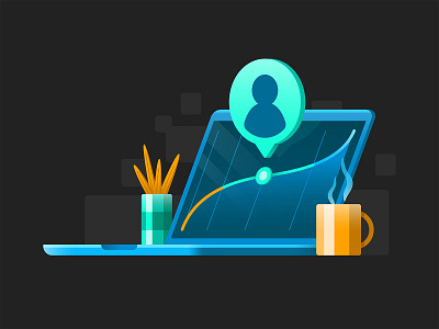 Measuring Up avatar chart coffee computer data graph illustration laptop mug person plant tech user
