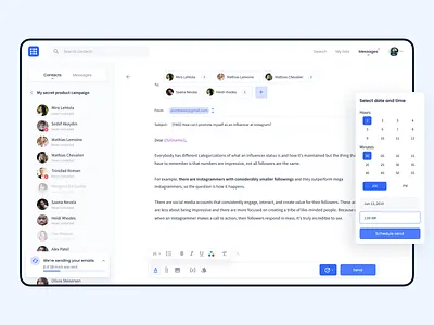 Influencer Marketing Platform – Outreach Feature Exploration app contacts influencer mail mailbox mailing marketing modals navigation outreach product queue scheduler social social media templates text editor ui ux web