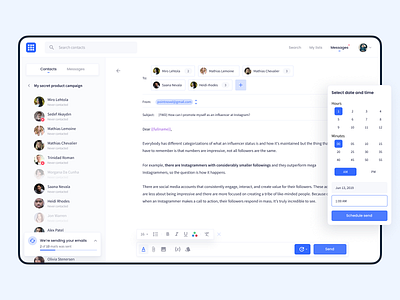 Influencer Marketing Platform – Outreach Feature Exploration app contacts influencer mail mailbox mailing marketing modals navigation outreach product queue scheduler social social media templates text editor ui ux web
