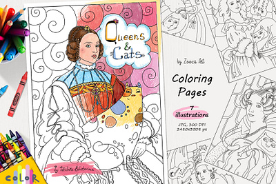 Coloring pages - Queens and Cats animal art cat cats coloring books coloring pages design illustration illustrations zooza