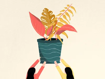Implementation Illustration beige branding caitlin aboud design illustration leaves people people illustration pink plant pot simple