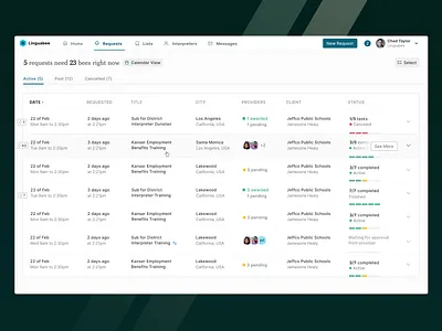Request List – Translators Booking Platform app calendar dashboard dashboard ui list providers status translators web