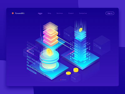 Blockchain 01 2.5d bank blue building data design financial gold home illustration office ui web