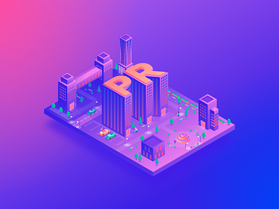 Public relations city (PR) 3d app building city cityscape design gradient graphic design illustration isometry letter light outdoors park pr public relations relationship street vector