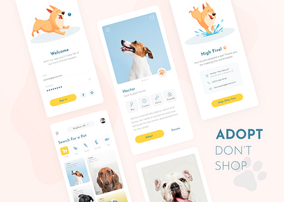 Pet Adoption App adopt adoption animal animals app card concept design dogs friend help illustration minimal pet pets rescue search shelter sign in ui