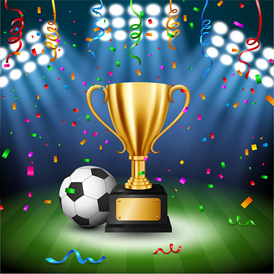 Soccer Championship with Golden Trophy with falling confetti and adobe illustrator champion champions league championship confetti cup design fifa football illuminated illustration soccer spotlight stadium trophy vector web worldcup