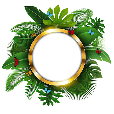 Round Gold Banner with Text Space of Tropical Leaves adobe illustrator banana banner butterflies coconut concept design gold green greeting card illustration palm ring round tropical tropical leaves vector