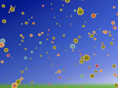 Background of pollen of plants and flowers flying in the field 3d 3d art alergy design illustration medical pollen