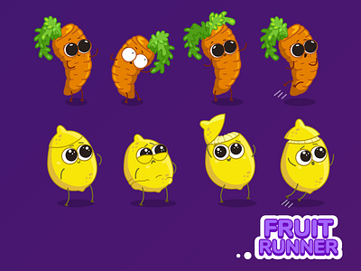 Mobile game characters (Part 3) animation carrot character color cute design flat fruits funny game illustration lemon mobile mobile app mobile game runner vector