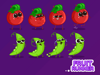 Mobile game characters (Part 4) 2d animation beans character color cook cute design eat flat fruits game illustration mobile mobile app mobile game peas runner tomato vector