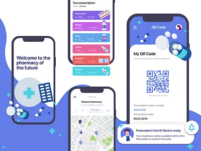 Pharmacy of the future - mobile app concept app customer service design drugs ecommerce future map medical mobile pharmacy qr code scanning shop ui