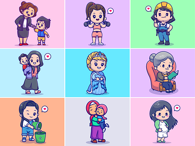 Mother's Day👩🏻👵🏻💙 activities character cute family icon illustration international day kids logo mom mother mothers day parents people pregnant woman working
