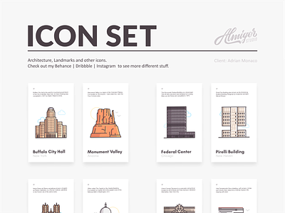 Icon set characters city design editorial games graphic icon set iconography icons illustration landmarks linework location mascote movie outline travel tv show vector