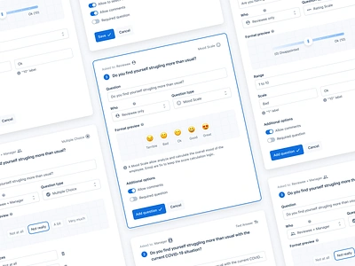 Customize questions 👄 accesibility dropdown emoji flow form interface mood payfit performance preview question questions range review slider survey thomas michel thomasmichel ui ux