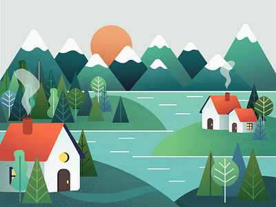 Houses in the mountains art bright design house illustration illustrator lake minimal mountain sun vector