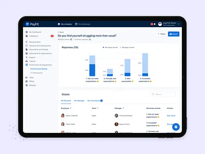Analyze results 🔎 analysis answer campaign chart cms data data viz emoji form interface payfit performance review questions results survey table thomas michel thomasmichel ui ux