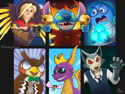 SixFanArts by Charley Fox animal crossing beastars blathers cartoon fan art illustration legosi mercy overwatch sadness sixfanarts sixfanartschallenge spyro stitch