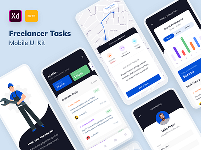 FREE Mobile UI Kit - Freelance Task List adobe xd black blue dashboard free freebie freelancer graphic green mobile mobile ui screen task task list template ui kit