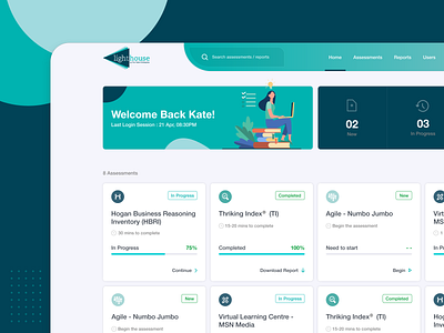 Lighthouse - Assessment Dashboard admin panel assessment clean ui creative design dashboad dashboard ui illustrations lighthouse listings minimal modern design prgress bar product design ui user experience design user interface design user profile ux visual design web design