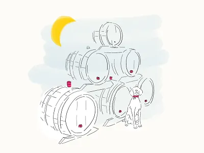 Good Boy With Wine Barrels dog dog illustration drawing drawing style experiences hand drawn illustration ipad pro minimal moon procreate procreate app sky travel vineyard wine winery womenofillustration womenwhodraw