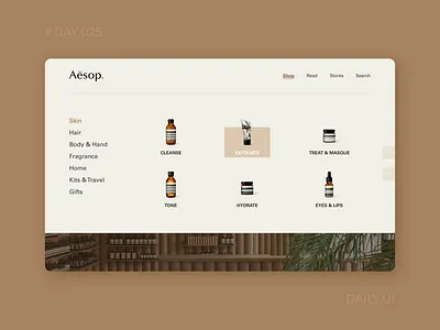 Daily UI 025 - Aesop Skincare Product Web Dropdown Design aesop cosmetics dailyui dropdown ecommerce product products simple skincare web
