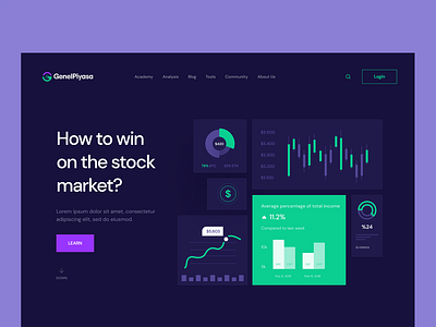 Genel Piyasa Hero [Dark Mode] cart chart dark mode design hero hero image illustration landing landing page landing page design landingpage statistics typography ui ux web