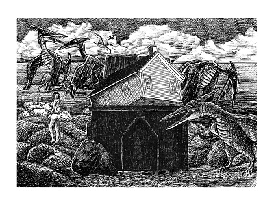 Garbage house in the mix of eras blanckandwhite character art characterdesign comicart draw emiliano raspante garbage home house illustration illustration art ink wash pen art pencil drawing pterodactyl