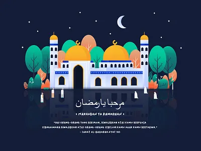 Marhaban ya Ramadhan building character character design design eid mubarak fasting flat design flat illustration fun gradient header illustration marhaban ya ramadhan mosque night praying ramadan kareem ramadhan stars vector