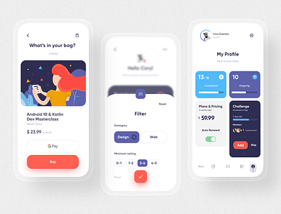 Online learning App (Cart, Filter & Profile screen) app app design application cards clean ui course illustraion minimal mobile app design mobile design modern design ui ui8 uidesign uikits uiux ux design