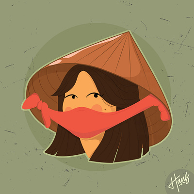 vietnamese traditional woman anticoronavirus design facemask flat illustration retro sticker vector vingtage