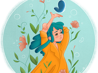 Morning girl blue hair girl child children illustration dreaming girl illustration morning noise stretch stretch out