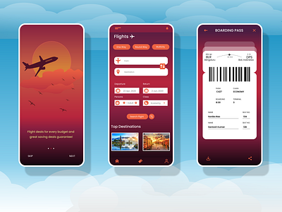 Flight Booking App adobe photoshop adobe xd android app app boarding pass clouds design flat flight flight app flight booking flight search india ios iphone app maroon orange summer colors ui uxdesign