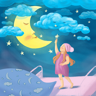 Bedtime 2d art art atmospheric background art blue character character design children book illustration childrens book concept design dreamy illustration moon moonlight night night mode