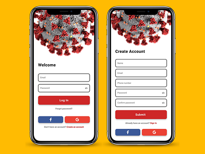 Coronavirus Tracking App (Log In & Register Screen) app coronavirus coronavirusapp covid19 design developer healthapp product tech ui uidesign uiux userexperience userinterface ux uxdesign