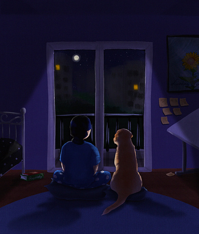 Home dark digital illustration dog dog illustration dogs drawing girl illustration lighting room