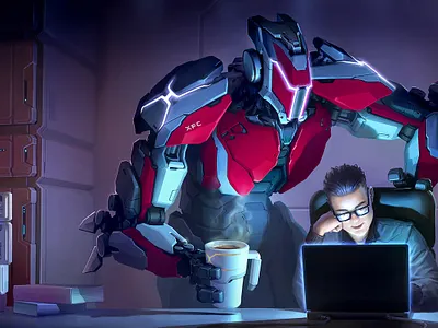 Developers 2d aleksey litvishkov art coffee developers digital art droids illustration robot robotic sci fi synthwave xsolla