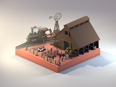 Wild West Farm 3d 3dart 3dillustration 3dmodeling barn cinema4d cow diorama farm horse illustration isometric low poly lowpoly lowpolyart renders train western wild west windmill