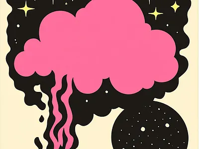 Retro Psychedelic Cartoon Cloud Ink Art Pink Black Yellow Cosmic art background black cloud cosmic design grunge handmade illustration pink pscychedelic quirky retro sky stars weird