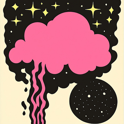 Retro Psychedelic Cartoon Cloud Ink Art Pink Black Yellow Cosmic art background black cloud cosmic design grunge handmade illustration pink pscychedelic quirky retro sky stars weird