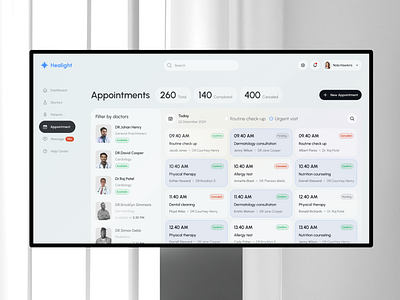 Healight - SaaS Healthcare Appointments app appointment clean clinic dashboard design doctore health healthcare hospital management medicine patient platform saas schedule ui uiux ux web design