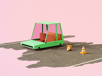 Low lopy car on the road 3d 3d art 3d artist blender car clean color cute green illustration lowpoly lowpoly3d lowpolyart lowpolycar pink render