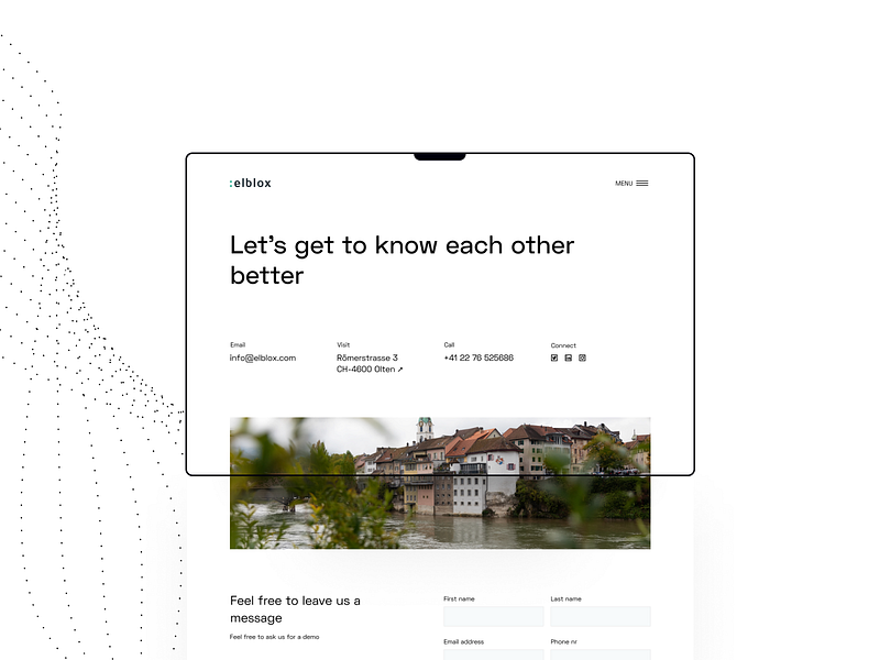 Elblox Contact b2b clean contact contact form green marketplace minimal p2p switzerland ui ux website
