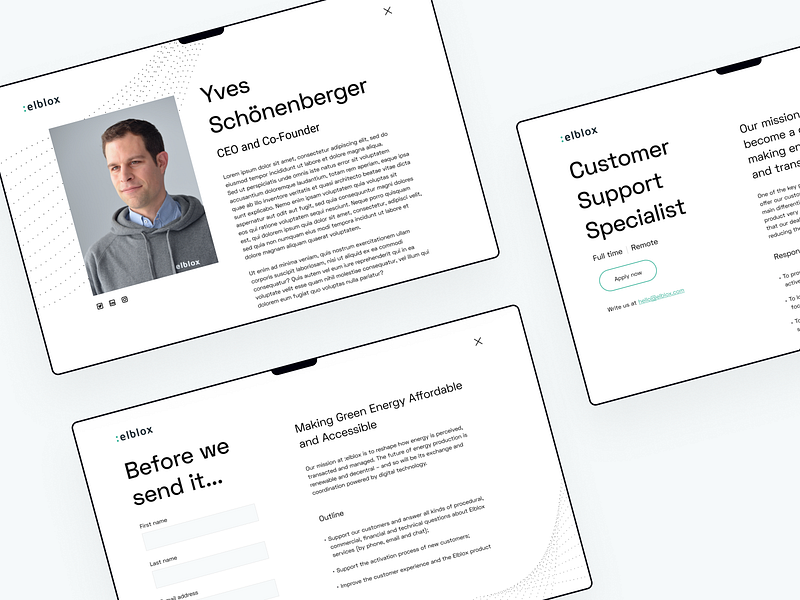 Elblox modals b2b bio clean green hiring marketplace minimal modal newsletter p2p popover ui ux website